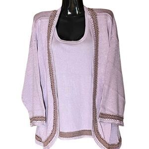 Modern Soul Sweater Set Crochet Detail Lilac Open Front Cardigan & Top Sz L